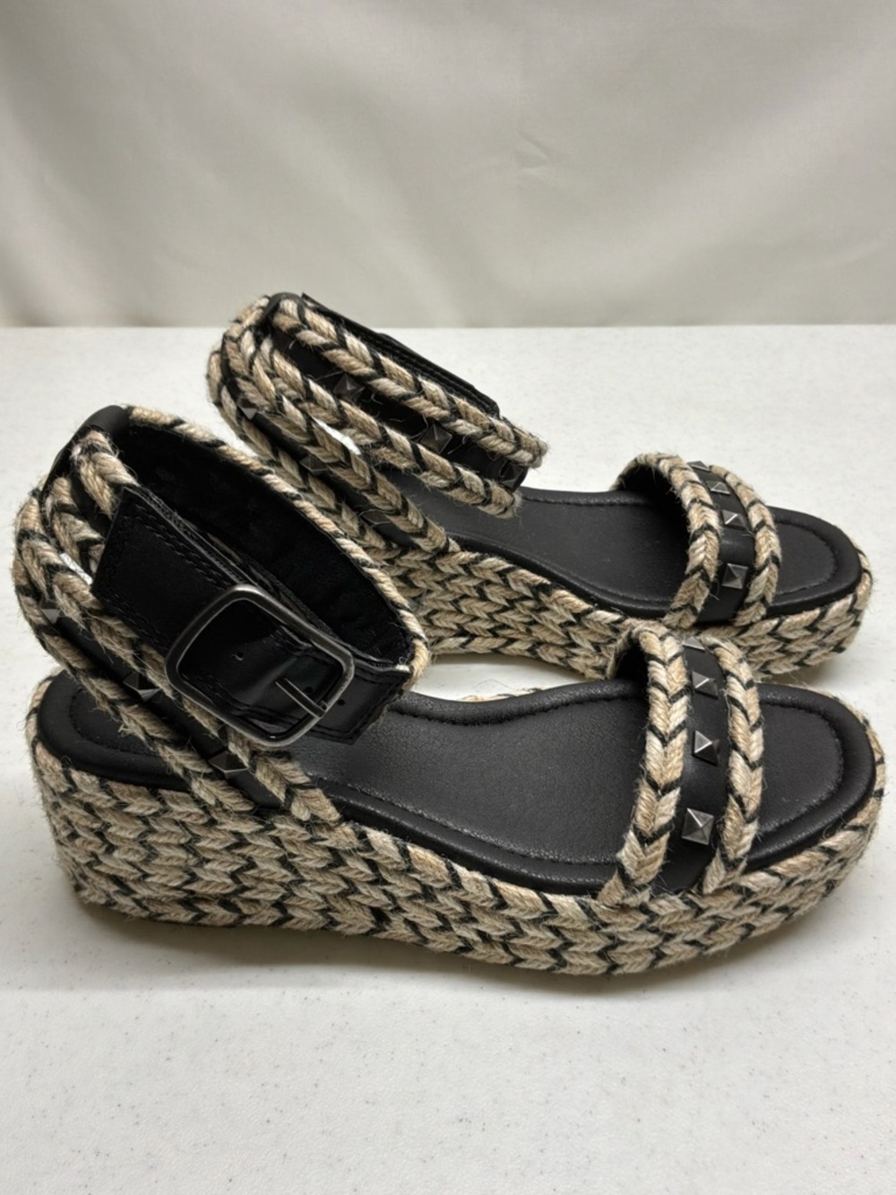 Women’s Frye and Co. Black and Natural Braided Platform Sandals Espadrille Sz 6